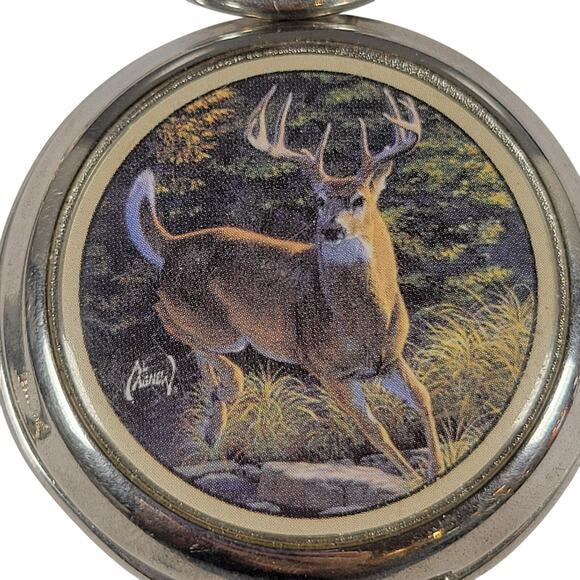 Vintage Wildlife Pocket Watch with Deer Art Design, 14" Chain, Silver-Tone Works - Picture 1 of 14